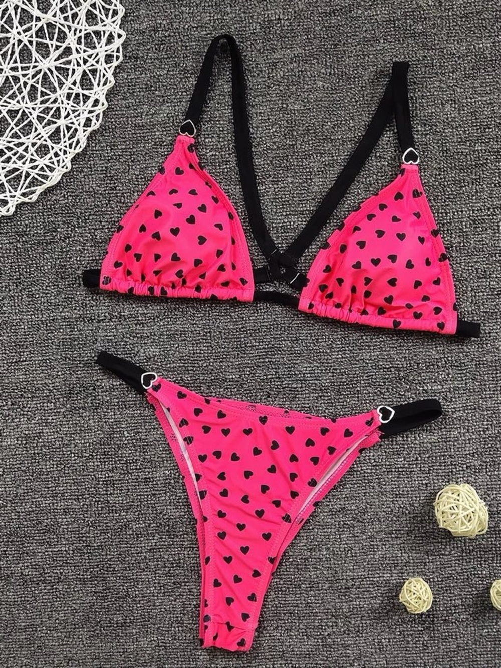 Hot Pink Heart-Print Triangle Bikini Set with Black Trim